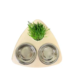 Double Steel Bowls with Wooden Stand and Option for Catgrass