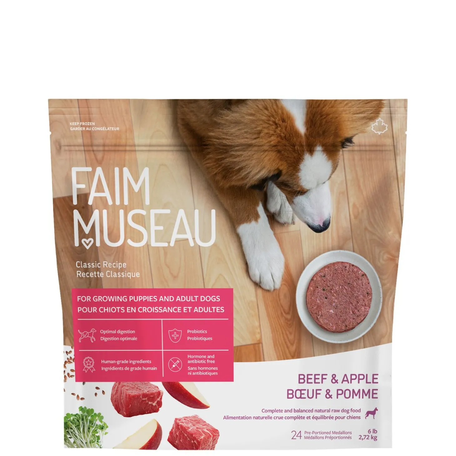 Raw dog food, beef and apple