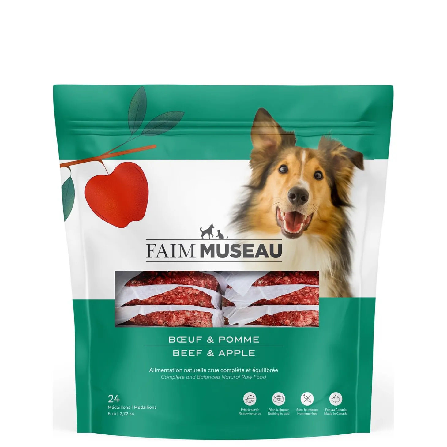 Raw dog food, beef and apple
