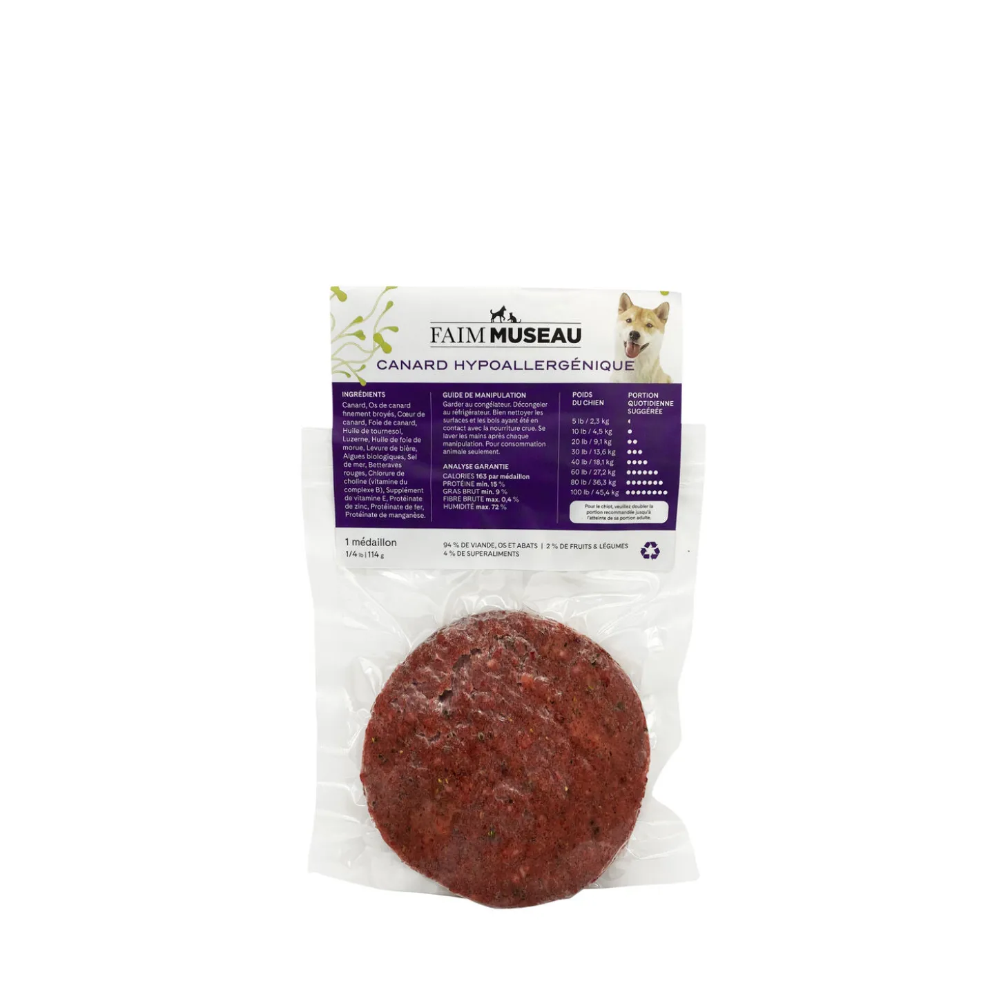 Raw dog food, hypoallergenic duck