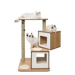 V-Double walnut colored wood cat tree