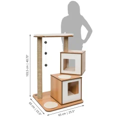 V-Double walnut colored wood cat tree