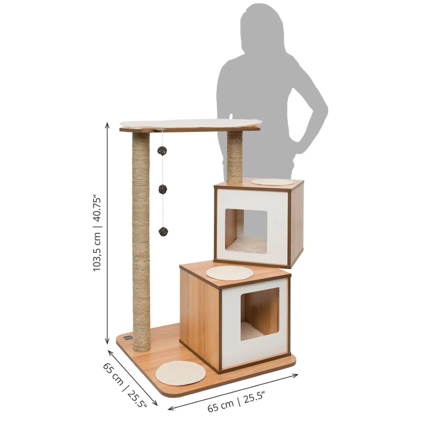 V-Double walnut colored wood cat tree