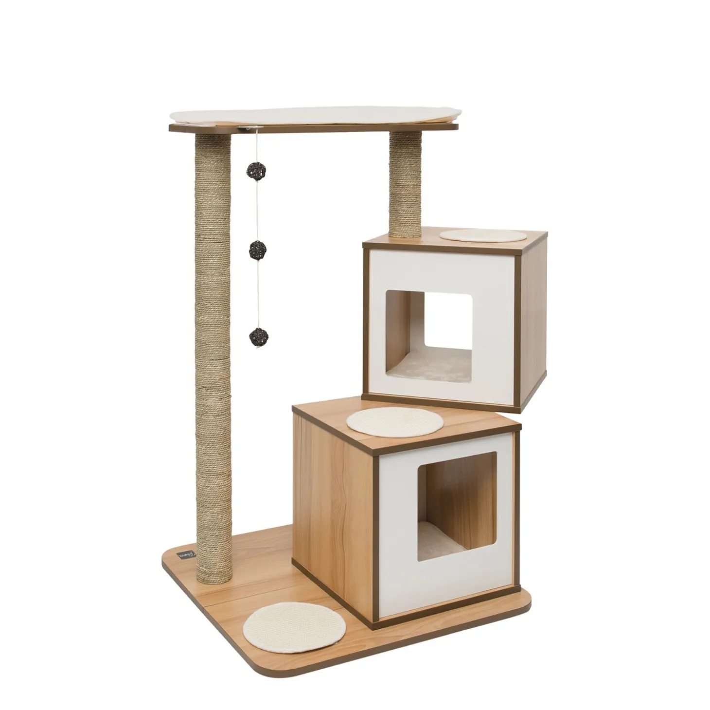 V-Double walnut colored wood cat tree