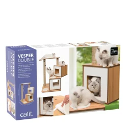 V-Double walnut colored wood cat tree