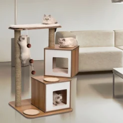 V-Double walnut colored wood cat tree