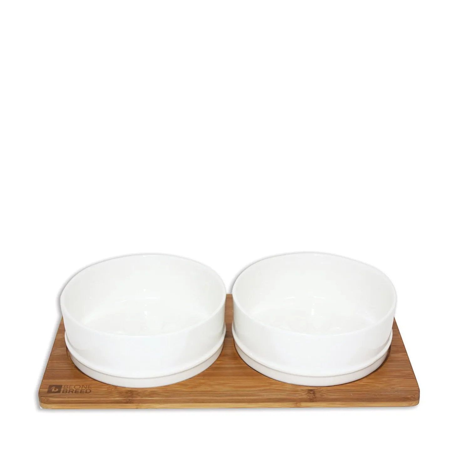 White Ceramic Bowls with Bamboo Base